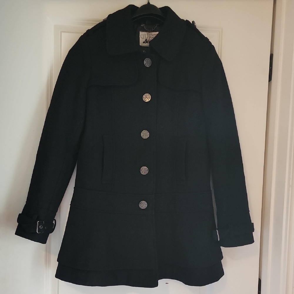 Guess Black Wool Pea Coat with Versatile Collar